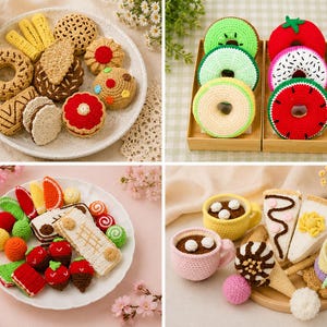 May include: A collection of crocheted food items, including donuts, cookies, and pastries, arranged on plates and trays. The items feature various colors and designs, such as a red donut with white sprinkles and a green kiwi-shaped coaster.