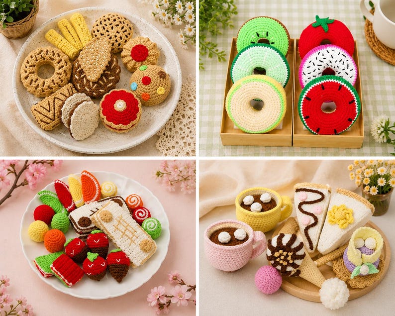 May include: A collection of crocheted food items, including donuts, cookies, and pastries, arranged on plates and trays. The items feature various colors and designs, such as a red donut with white sprinkles and a green kiwi-shaped coaster.