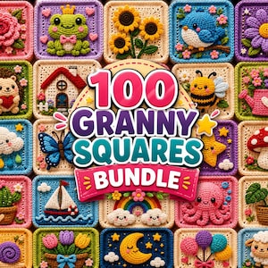 Op de afbeelding: Een verzameling gehaakte granny squares met diverse ontwerpen, waaronder een kikker, zonnebloemen, een blauwe vogel, een egel, een bij, een gieter, een wolk, een vlinder, een paddenstoel, een cactus, een zeilboot, een regenboog, een octopus, een slak en een maan. De tekst 100 GRANNY SQUARES BUNDLE staat gecentreerd over de vierkantjes.