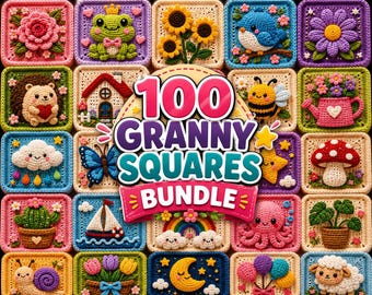 May include: A collection of crocheted granny squares featuring various designs including a frog, sunflowers, a blue bird, a hedgehog, a bee, a watering can, a cloud, a butterfly, a mushroom, a cactus, a sailboat, a rainbow, an octopus, a snail, and a moon. The text 100 GRANNY SQUARES BUNDLE is centered over the squares.