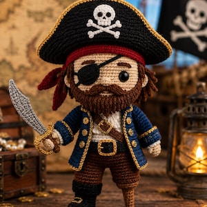 May include: A crocheted pirate doll featuring a black tricorn hat with a white skull and crossbones, a black eye patch, a brown beard, a blue coat with gold buttons, brown trousers, one black boot, and a wooden peg leg, holding a grey sword.