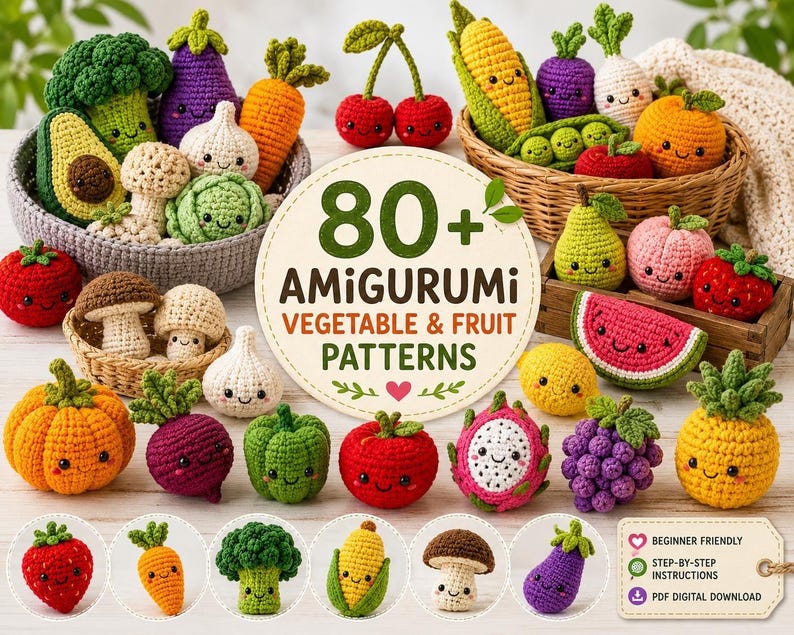 May include: A collection of colorful amigurumi crochet vegetables and fruits, including a pumpkin, tomato, and pineapple. The image also features a sign that says "80+ Amigurumi Vegetable & Fruit Patterns."