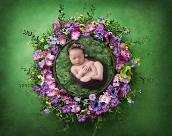 Floral Wreath Newborn Digital Backdrop, Purple Green Flower Prop (JPEG)