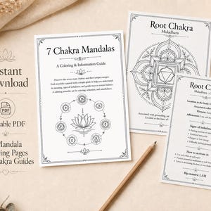 以下が含まれることがあります： 印刷可能なPDFガイドと塗り絵のコレクション。「7 Chakra Mandalas」というタイトルのメインガイドには、塗り絵と情報ガイドが含まれています。他のガイドは「Root Chakra」というタイトルで、チャクラに関する情報が含まれています。