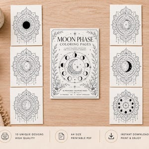 Peut inclure: Un ensemble de pages de coloriage imprimables avec des illustrations détaillées des phases lunaires. La couverture centrale du livre indique "Moon Phase Coloring Pages" avec le texte "A Lunar Coloring Collection for Calm & Mindful Moments". 10 designs uniques.