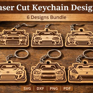 Peut inclure: Porte-clés en bois découpés au laser avec six modèles de voitures différents. Chaque porte-clés a un anneau en métal argenté. Le texte "Laser Cut Keychain Designs" et "6 Designs Bundle" est en haut de l'image.