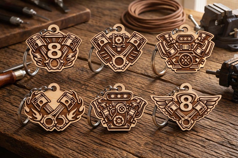 May include: Six wooden keychains with engine designs. The keychains are laser-cut with intricate details, including pistons, gears, and the number 8. Each keychain has a silver-colored ring for attaching keys. The wood has a natural, light brown color.