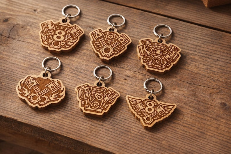 May include: Six wooden keychains with engine designs and silver key rings. The keychains feature various engine styles, including V8 engines, pistons, and winged designs. The keychains are made of light brown wood and are displayed on a wooden surface.