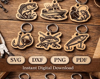 Könnte beinhalten: Holz-Schlüsselanhänger-Designs, lasergeschnitten, mit Angelmotiven. Die Designs zeigen Fische, Boote und Angler. Die Schlüsselanhänger sind mit silbernen Schlüsselringen versehen und eignen sich für Angler und Angelfreunde.