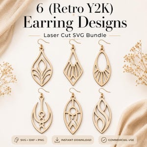 Peut inclure: Six modèles de boucles d'oreilles en bois découpées au laser, de style rétro Y2K. Les boucles d'oreilles présentent diverses formes géométriques et abstraites, notamment des gouttes et des ovales. Le texte "6 (Retro Y2K) Earring Designs" et "Laser Cut SVG Bundle" est inclus.