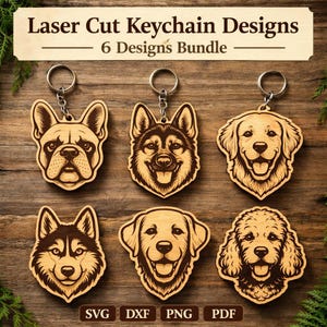 May include: Laser cut wooden keychain designs featuring six different dog breeds. Each keychain has a silver ring and chain. The text "Laser Cut Keychain Designs - 6 Designs Bundle" is at the top of the image. The bottom of the image has the file types: SVG, DXF, PNG, and PDF.