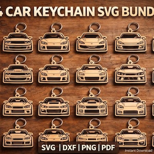Peut inclure: Ensemble de 24 porte-clés en bois en forme de voitures, avec des anneaux argentés. Chaque porte-clé présente un design de voiture différent. Le texte "24 CAR KEYCHAIN SVG BUNDLE" est en haut. En bas, "SVG | DXF | PNG | PDF".