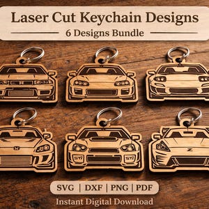 Puede incluir: Seis llaveros de madera con diseños de coches, cortados con láser y con un acabado de madera natural. Los llaveros están sujetos a llaveros plateados. El texto "Laser Cut Keychain Designs" y "6 Designs Bundle" es visible.