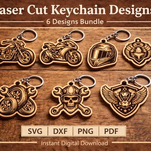 Peut inclure: Ensemble de porte-clés en bois découpés au laser avec des motifs de motos et de motards, dont un casque et un crâne. Chaque porte-clés est attaché à un porte-clés argenté. Le texte "Laser Cut Keychain Designs" est en haut.