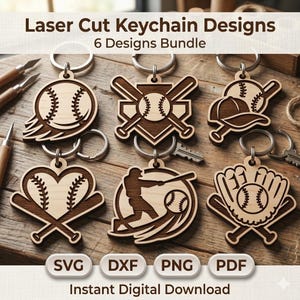 May include: Laser cut keychain designs bundle featuring six baseball-themed designs. Each keychain is made of light brown wood and includes a metal keyring. Designs include a baseball, bats, a heart, a baseball player, a baseball cap, and a baseball glove.