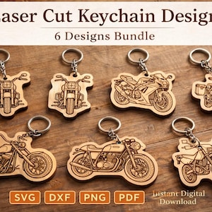 Op de afbeelding: Lasergesneden houten sleutelhangerontwerpen met zes verschillende motorfietsstijlen. Elke sleutelhanger heeft een zilverkleurige ring. De ontwerpen omvatten verschillende motortypes, van klassieke cruisers tot moderne sportmotoren. De tekst "Laser Cut Keychain Designs" staat bovenaan.