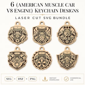 May include: Six laser-cut keychain designs featuring American muscle car V8 engine illustrations. The light brown wooden shapes include various engine configurations with air filters, pulleys, and pistons. Text reads: 6 (AMERICAN MUSCLE CAR V8 ENGINE) KEYCHAIN DESIGNS LASER CUT SVG BUNDLE.