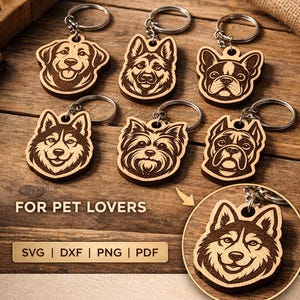 May include: A collection of wooden dog breed keyrings, laser-cut with detailed designs. Breeds include a Labrador, Husky, and French Bulldog. Each keyring is attached to a silver ring. The image also displays the text "FOR PET LOVERS" and "Instant Digital Download".