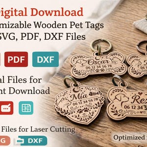 Puede incluir: Etiquetas de madera personalizables para mascotas, con nombres y números de teléfono. Las etiquetas están grabadas con diseños temáticos de mascotas y los nombres "Oscar", "Mia" y "Rex". La imagen también incluye el texto "Descarga digital" y "Optimizado para Etsy".