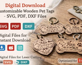 Paquete de 4 diseños de placas de identificación para perros y gatos: escudos personalizados con forma de hueso, archivos cortados con láser para Glowforge (SVG, DXF, PDF)