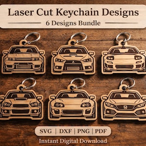 May include: A collection of six wooden laser-cut car keychains, each with a silver ring. The keychains showcase various car designs. The text "Laser Cut Keychain Designs" and "6 Designs Bundle" are visible.