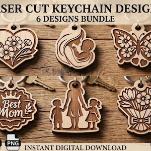 Può includere: Design di portachiavi in legno tagliati al laser. L'immagine mostra sei diversi design di portachiavi, tra cui un cuore con fiori, una madre e un bambino, una farfalla, un design "Migliore Mamma", una madre con due bambini e un mazzo di fiori. Il testo "6 DESIGNS BUNDLE" è visibile.