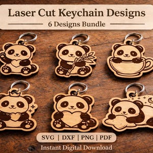 Könnte beinhalten: Sechs lasergeschnittene Holz-Schlüsselanhänger mit Panda-Bären-Motiven. Jeder Schlüsselanhänger zeigt ein anderes Panda-Design, darunter Pandas, die Herzen, Bambus und eine Tasse halten. Der Text "Laser Cut Keychain Designs" und "6 Designs Bundle" steht oben.