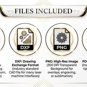 May include: An image showcasing four file types: SVG, DXF, PNG, and PDF. Each file type is represented by a circular icon with a brief description. The text "FILES INCLUDED" is at the top. The SVG file is for scalable vector graphics, DXF is a drawing exchange format, PNG is a high-res image, and PDF is a complete guide.