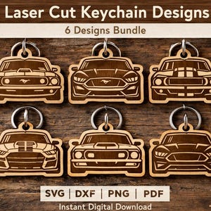 Peut inclure: Ensemble de six porte-clés en bois découpés au laser, représentant différents modèles de voitures. Chaque porte-clés est équipé d'un anneau argenté. Le texte "Laser Cut Keychain Designs" et "6 Designs Bundle" sont visibles. Le texte "SVG | DXF | PNG | PDF" et "Instant Digital Download" est également présent.