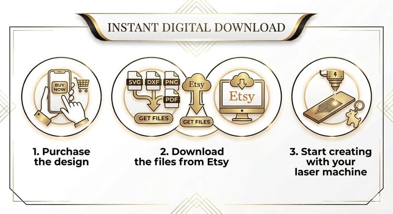 May include: An infographic with the text "INSTANT DIGITAL DOWNLOAD" at the top. It shows the steps: purchasing a design, downloading files from Etsy, and creating with a laser machine. The image includes a smartphone, file formats, and a computer.