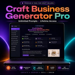Peut inclure: Un ordinateur portable affiche l'interface "Craft Business Generator Pro", un outil pour les vendeurs d'artisanat. L'écran montre des options pour la conception de t-shirts, les listes Etsy et les maquettes de produits. Le texte "Créer, Concevoir, Vendre, Croître" entoure l'ordinateur.