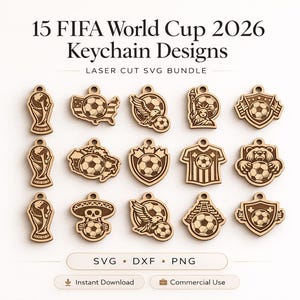Peut inclure: Quinze modèles de porte-clés en bois découpés au laser pour la Coupe du Monde de la FIFA 2026. Les porte-clés présentent divers motifs sur le thème du football, dont le trophée de la Coupe du Monde, des ballons de football et des emblèmes de pays. Le texte "15 FIFA World Cup 2026 Keychain Designs" est en haut.