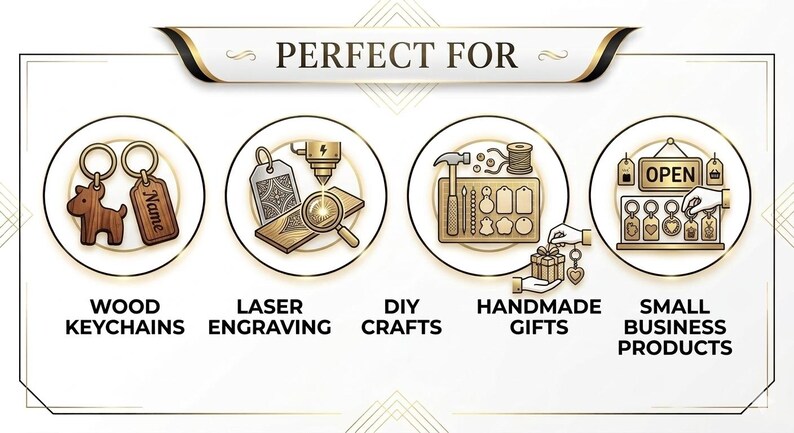 May include: An advertisement featuring four circular illustrations with gold accents. The text "PERFECT FOR" is at the top. The illustrations showcase wood keychains, laser engraving, DIY crafts, handmade gifts, and small business products.
