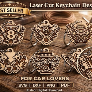 Può includere: Una collezione di portachiavi in legno tagliati al laser con disegni di motori. I portachiavi hanno varie forme, tra cui un motore con il numero 8, e sono progettati per gli appassionati di auto. Il testo "FOR CAR LOVERS" è visualizzato.