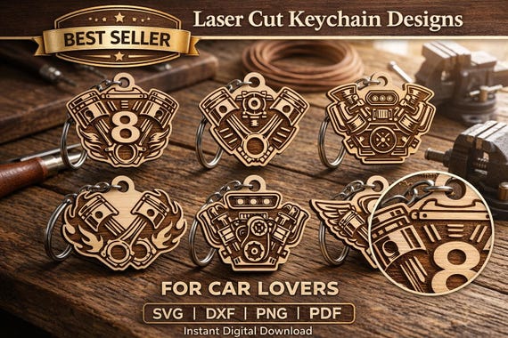 American Muscle Car Keychain SVG Bundle | V8 Engine Logo | Piston Design Laser Cut Files | DXF PNG pdf | Glowforge xTool Cricut