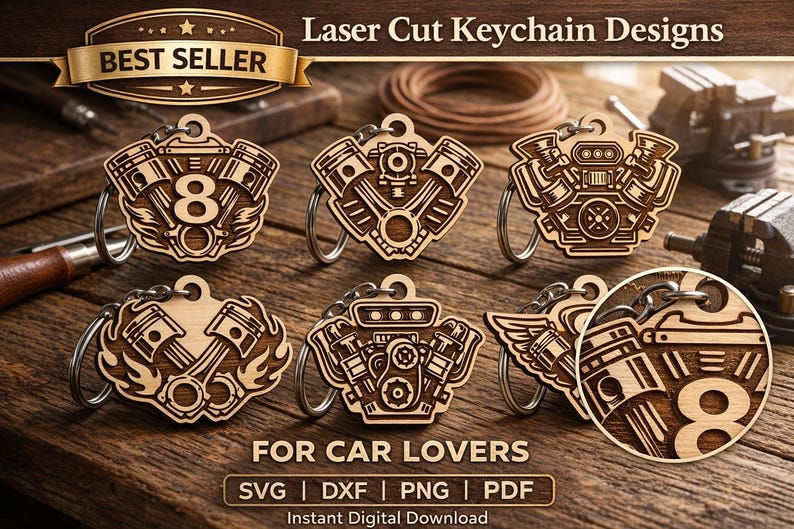 May include: A collection of laser-cut wooden keychains featuring engine designs. The keychains are in various shapes, including an engine with the number 8, and are designed for car enthusiasts. The text "FOR CAR LOVERS" is displayed.