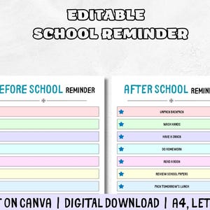 Editable School Reminder Set, Printable Before School Reminder, Editable After School Reminder, Getting Ready for School Checklist Printable