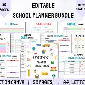 Editable Kids School Planner Bundle: Homework, Chores, Calendar (Digital Download)