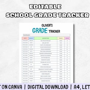 Editable Kids Grade Tracker: Homeschool Planner (Canva Template, PDF Download