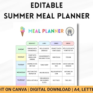 Planificateur de repas d'été modifiable pour enfants, planificateur imprimable d'une alimentation saine pour les enfants, menu de repas préscolaire, planificateur de repas pour l'école à la maison, planificateur de repas numérique