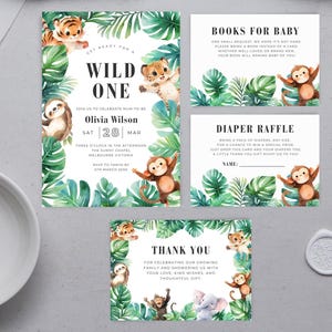 Safari-Babypartyeinladungs-Paket, Dschungel-Safari-Tiere einladen, Geschlechtsneutral, bearbeitbare Canva-Vorlage, Sofort-Download, FAFP001