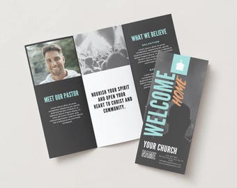 Szablon broszury kościelnej | Edytowalna broszura Canva Trifold | Pakiet powitalny dla gości po raz pierwszy i informacje o nas