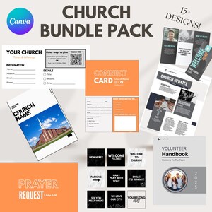 May include: A collection of church-themed design templates, including a connect card, welcome home cards, church updates, and a volunteer handbook. The designs feature a mix of orange, white, and black colors, with the text "CHURCH BUNDLE PACK" at the top.