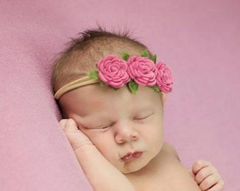 READY TO SHIP, Rose Pink Felt Flower Headband, Nylon Headband, Newborn Photo Prop, Smash Cake, Floral Crown, Felt Flower Crown, Baby Gift