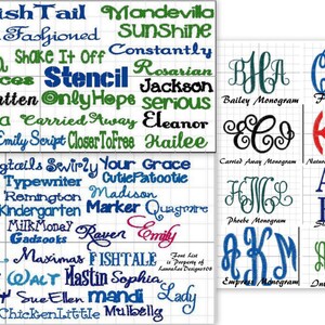 May include: A digital graphic featuring a variety of fonts and monogram styles. The fonts are displayed in various colors and styles, with examples of monograms in different letter combinations. The image includes the text "SillyMonkey FishTail" and "Bailey Monogram".