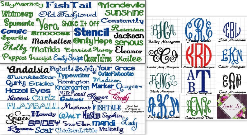 May include: A digital graphic featuring a variety of fonts and monogram styles. The fonts are displayed in various colors and styles, with examples of monograms in different letter combinations. The image includes the text "SillyMonkey FishTail" and "Bailey Monogram".
