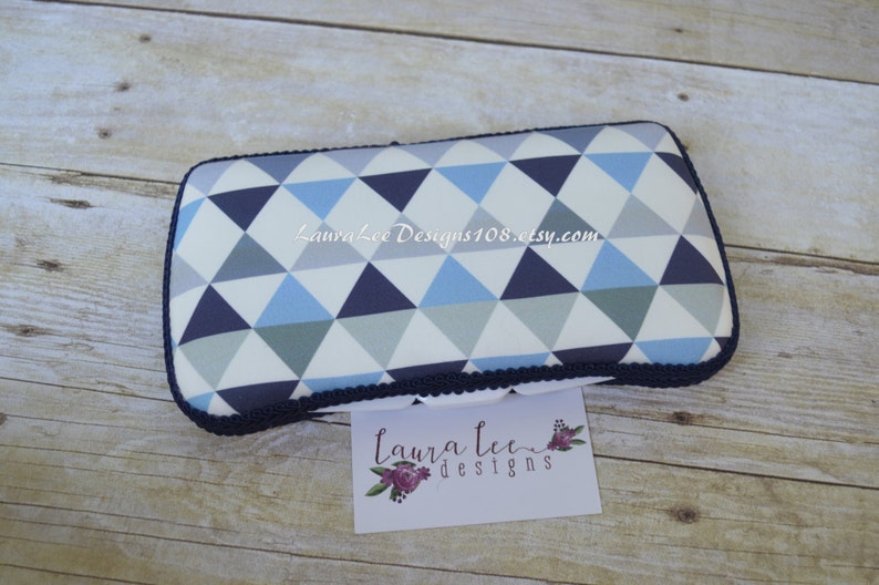 Diaper Wipe Clutch Blue Wipecase Navy Blue and Gray Triangles Travel Baby Wipe Case READY TO SHIP Wipe Holder Baby Shower Gift