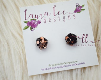 READY TO SHIP Stud Earrings, Black and Rose Gold Glitter Stud Earrings, Hexagon Earrings, Everyday Trendy Studs, Resin Studs, Handmade