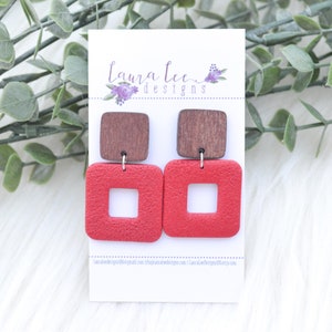 Pendientes LISTOS PARA ENVIAR, Pendientes de arcilla Sqaure, Pendientes de arcilla, Pendientes rojos, Pendientes ligeros, Pendientes hechos a mano, Pendientes del 4 de julio
