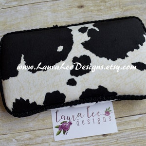 Black and Off White Cow Print Minky Suede Travel Baby Wipe Case, Personalized Case, Diaper Wipe Case, Baby Shower Gift, Wipe Holder Clutch image 2